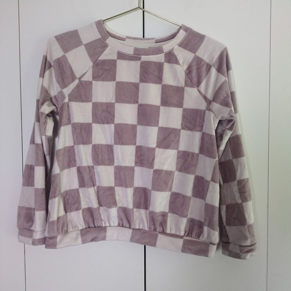 Cat & Jack Girls Large 10/12 Velvet Pullover Sweatshirt Soft Checkered Pink